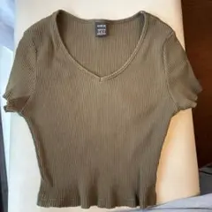 SHEIN オリーブ色 リブ編み Vネック 半袖 トップス