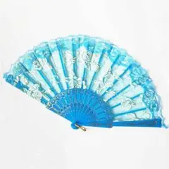 練習用 ラメ入り 薔薇 レース 扇子 ライトブルー ・b24