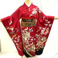 【振袖16】着物 振袖 正絹 袷 着物 御所車 鶴 桜 松 単品販売