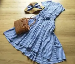 美品★シンプリシティエ★青✕白ストライプワンピース リボン付きたっぷりフレア
