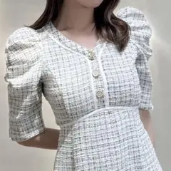 【美品】dazzlin マルチボタンパイピングツイードワンピース ブルー