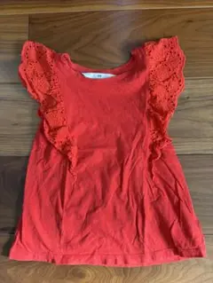 H&M 赤 レース付きフリル袖 Tシャツ 122/128