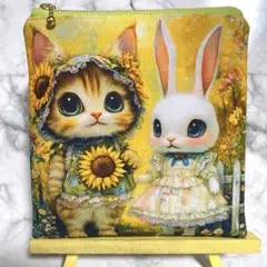 2655✨ひまわりにゃんことうさぎさん✨フラットポーチ　両面　ハンドメイド