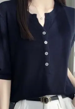 ネイビー ボタン付き 半袖ニット