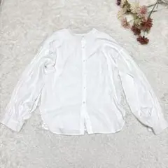 s.1331 ノーカラー 長袖 シャツ ホワイト 透け感あり シンプル Lサイズ