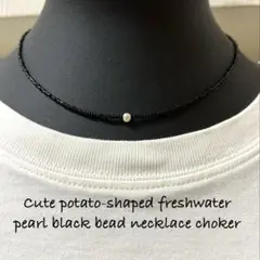 ⭐️淡水パールポテト一粒が素敵な特小ブラックビーズネックレスチョーカー銀金具