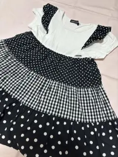 【100cm】BeBe 半袖ワンピース ドット柄×ギンガムチェック