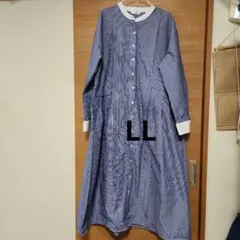 青と白のストライプ長袖ワンピース