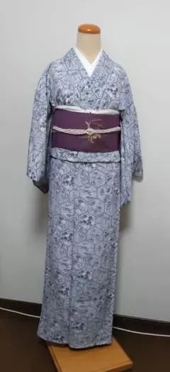 単衣　小紋　化繊　グレー系　亀甲にお花柄