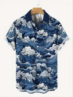 【新品】波模様 半袖アロハシャツ　葛飾北斎