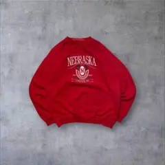 ネブラスカ大学Nebraskaカレッジ刺繍トレーナー赤レッドアーム極太ゆるだぼ