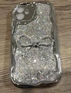 シルバーグリッターリボン付きiPhoneケース　12mini