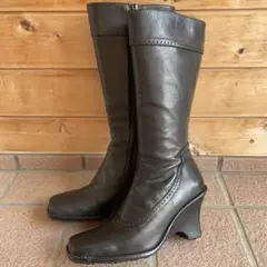 【23.5cm】Finウェッジソールロングブーツ【ブラック】