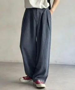 ピグメントリネン混トラウザーパンツ Mサイズ ネイビー