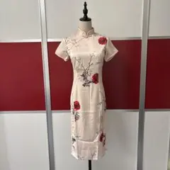 花柄チャイナドレス ベージュ 半袖