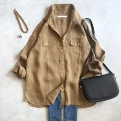 美品 ◆ スピックアンドスパン　シャツ　リネン　ブラウン　ゆったり　秋色