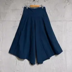 【chauA】　タックワイドパンツ　ガウチョ　フレア　麻100% ネイビー　紺