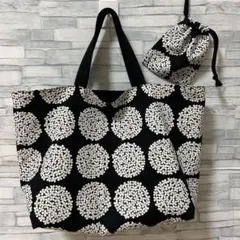ハンドメイド　トートバッグ　巾着袋　北欧柄　サークルフラワー　帆布トートバッグ