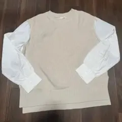 ベージュリブニットシャツ風長袖