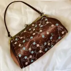 がま口 バッグ レトロ ブラウン 刺繍入り