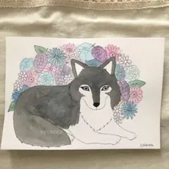 原画　水彩画　オオカミ　花　葡萄　手描きイラスト　アナログイラスト　A5