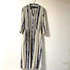 家庭画報FABRICE ストライプ 前開き七分袖ワンピースウエストゴム入り9号