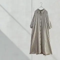 3590【レイカズン】シャツワンピース　ロング　ストライプ　ベージュ　薄手羽織り