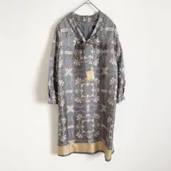 スープ　ワンピース　膝丈　ロープ柄　七分袖　グレー　タッセル　上品