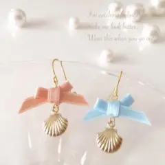 ピアスorイヤリング handmade リボン×シェル