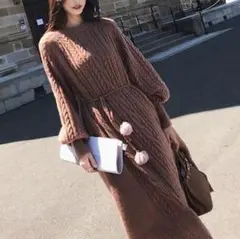 ニットワンピース ブラウン ケーブル模様 ミモレ丈