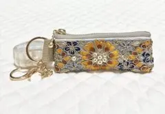 リップケース　ハンドメイド　インド刺繍リボン　お揃い　ブルー系　オーロラ　ヌビ