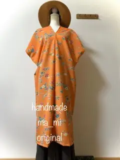 【ma_mi】着物リメイクワンピース　オレンジ鶴　カフタンワンピースハンドメイド