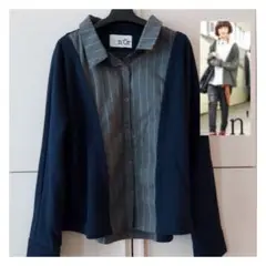 オシャレウォーカー　長袖　異素材レイヤード　シャツ　カットソー　ネイビー✕グレー