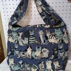 ワンハンドルエコバック猫柄ブルー系ハンドメイドセール
