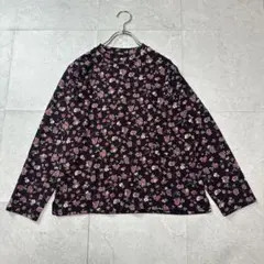 長袖カットソー 花柄 ストレッチ ダークパープル レトロ古着 ツヤあり