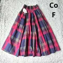 Co パピエール　赤×ネイビー　チェックフレアスカート　ロング　ウエストゴム　F