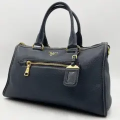 ✨極美品✨プラダ ハンドバッグ ネイビー オールレザー しぼ革 金具 ステッチ