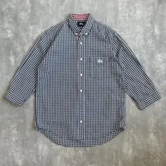 STUSSY　ステューシー　ギンガムチェック　刺繍ロゴ　七分シャツ　ネイビー　S