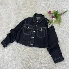 〝デイジーDazy〟シーイン　黒デニムジャケット　クロップド丈L白ステッチ