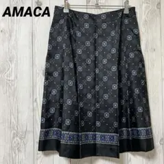 【アマカ】膝丈フレアスカート　黒　総柄　オフィス　プリーツ　40