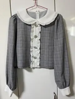 【美品】Ank Rouge アンクルージュ グレー チェック柄 フリル襟 シャツ