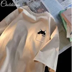 ベージュTシャツ 猫 ポケットデザイン かわいい ユニセックス