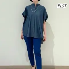 PLST プラステ ストレッチツイルバンドカラーシャツ デニム調