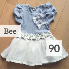 Bee お花とリボンのチュールドッキングワンピース グレー90cm