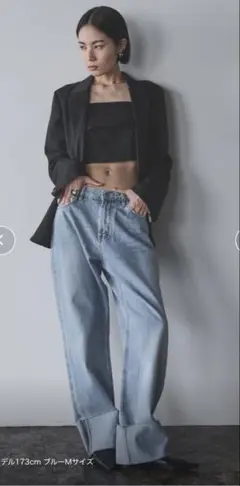 ライトブルーデニムワイドレッグパンツ Sヴィンテージウォッシュゆるダボジーンズ