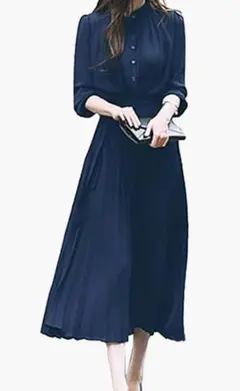 【プリーツワンピース】ネイビー