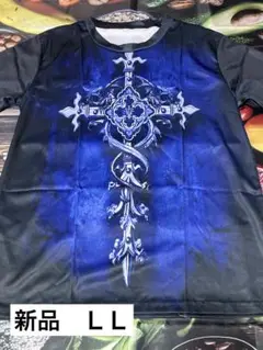 青と黒の十字架デザインTシャツ アメリカM(日本ＬＬ) MAY
