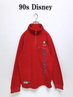 409 90s Disneyディズニー ハーフジップ フリース 古着赤レッド