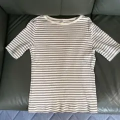 ユニクロ リブボートネックTシャツ 5分袖 オフホワイトボーダー Mサイズ