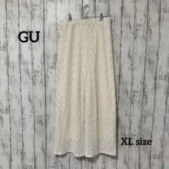 【GU】レースストレートパンツ【XL】アイボリー 花柄 裏地あり ウエストゴム
